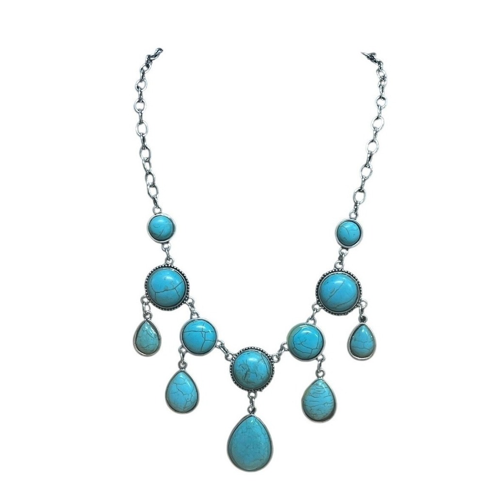 Bib Necklace Womens Turquoise Silver Tone Boho Southwestern Statement